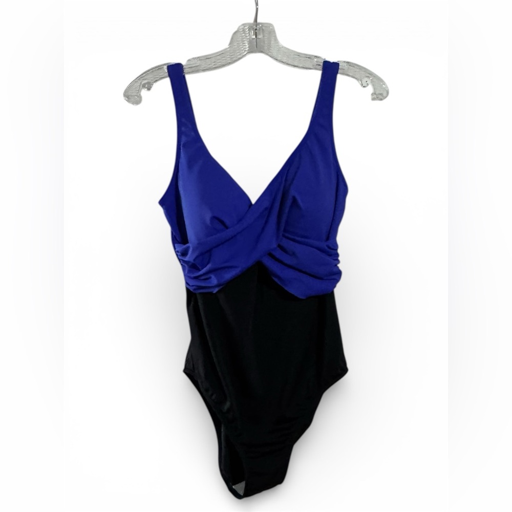 Venus One Piece Wrap Front Swimsuit Size 12 Blue Black Color Block Contour Sexy
